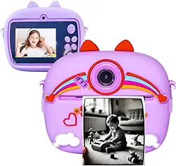 Camera Fotografica Infantil Digital que Imprime Mini Maquina Instantanea para Criança vem com Canetinhas e Rolos para Impressao (Violeta)