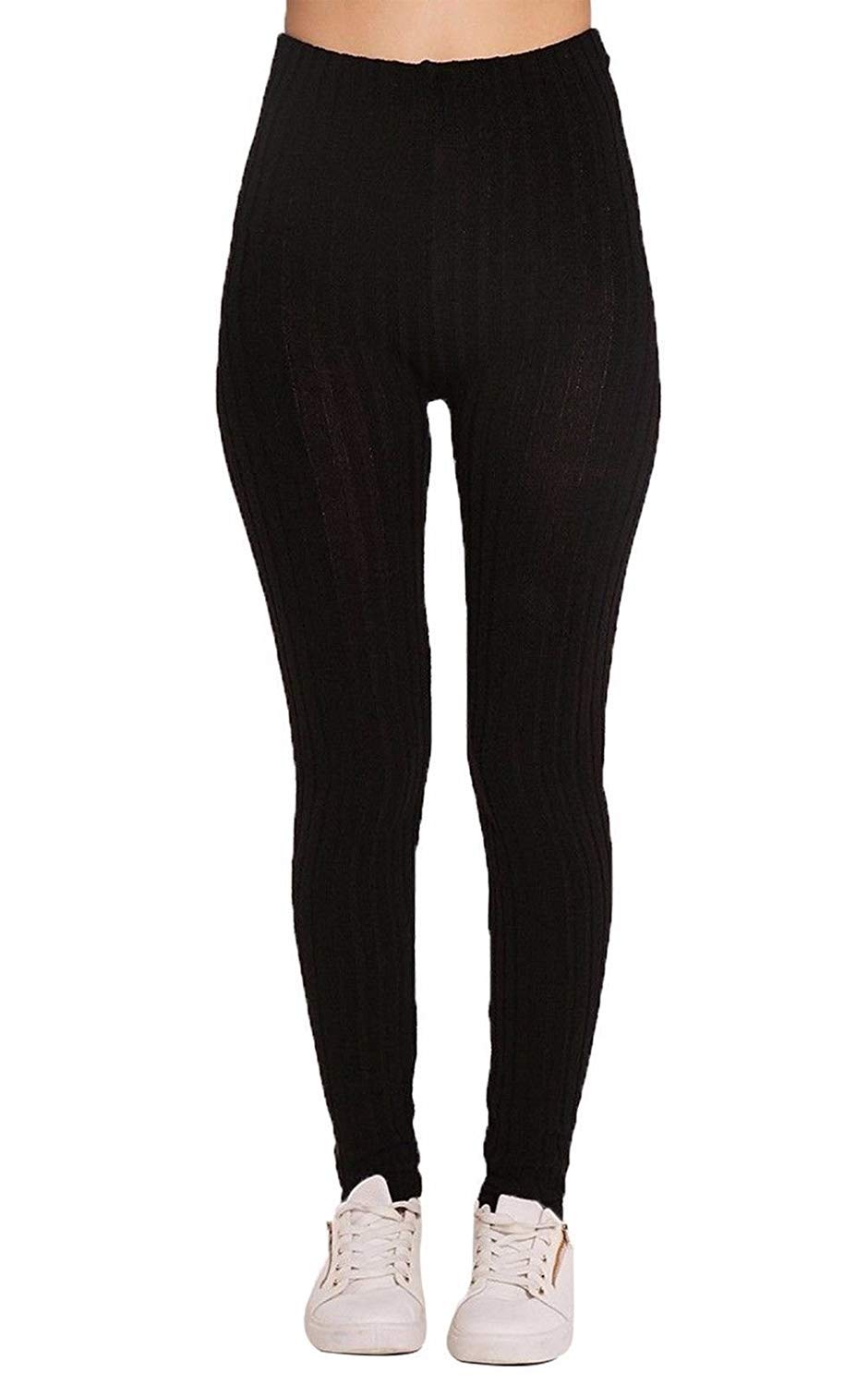 GirlzWalk ® Ladies Plain Warm Full Length Thick Chunky Cable women Ribbed Knitted Leggings (Black, XXL/UK 20-22)