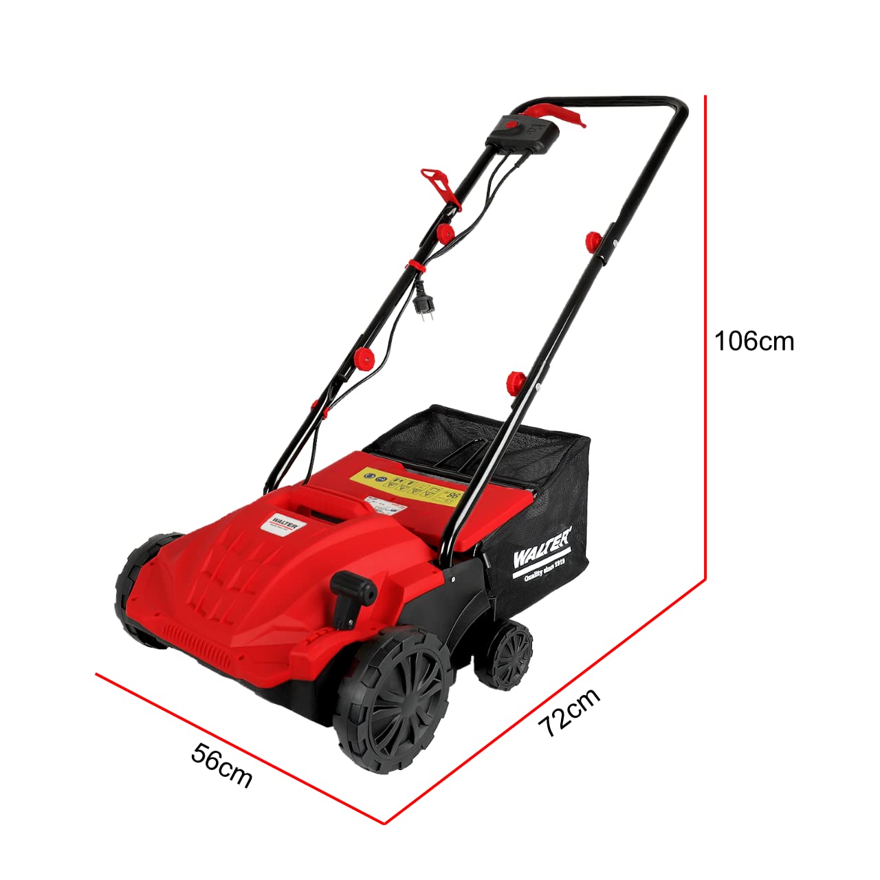 WALTER 2 in 1 Elektro Vertikutierer und Rasenlüfter 1500 W, Arbeitsbreite 320 mm, 4- stufige Höhenverstellung, großer Fangkorb, ideal für Flächen bis zu 400 m², inkl. Beutel mit Montagematerial