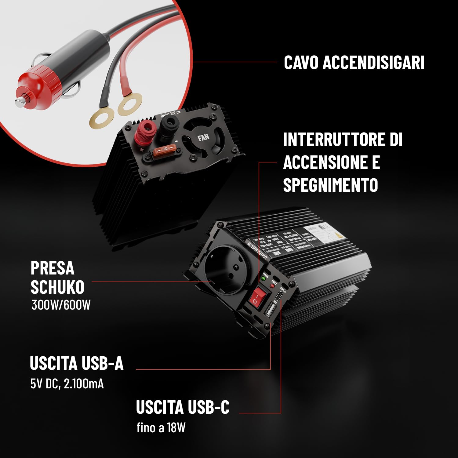 ABSINA Inverter 12V 220V - Trasformatore 12V 220V di Tensione Sinusoide Modificata - Auto Inverter 300W con 600W di Picco, Convertitore Corrente