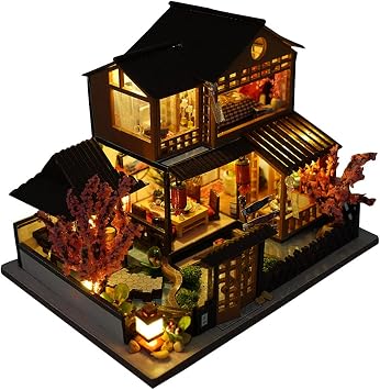 TOPBSFARNY Miniature Wooden Dollhouse Japanese House DIY Doll House Kit Villa Building 3D Model Creative Gifts for Friend and Parents Japanese Style Villa