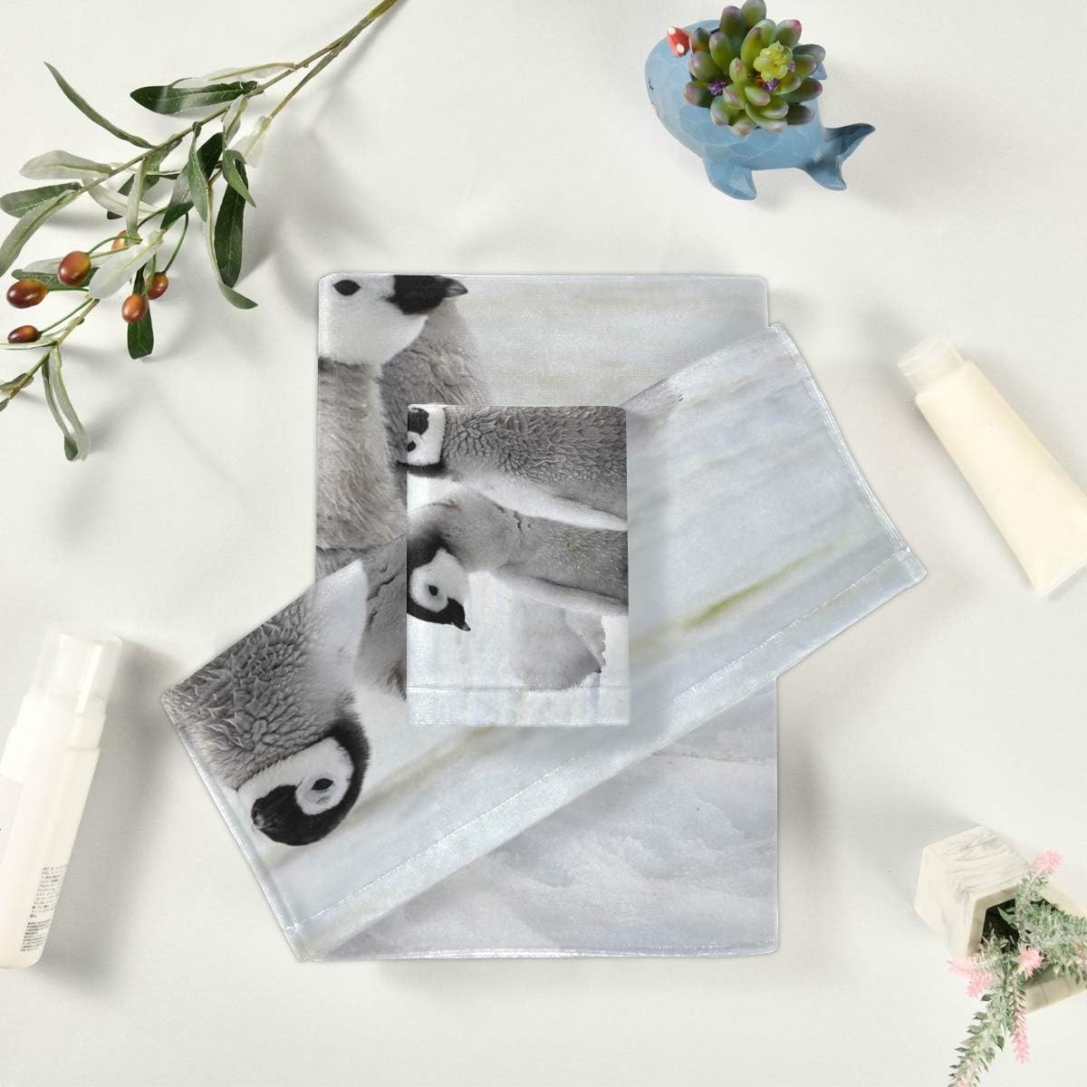 Blueangle Emperor Penguin 3 Piece Bathroom Towel Set – Soft, Absorbent and Eco-Friendly – Includes 1 Bath Towel, 1 Face Towel/Washcloth, 1 Hand Towel