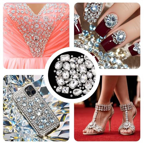 JJUNW 240 PCS Sew on Rhinestones Mixed Shapes Glass Rhinestones Sew on Crystal Gems Mental Flatback wif Silver Claw for Jewelry Crafts Clothes Shoes Costume Garment(White) - Thumbnail 7
