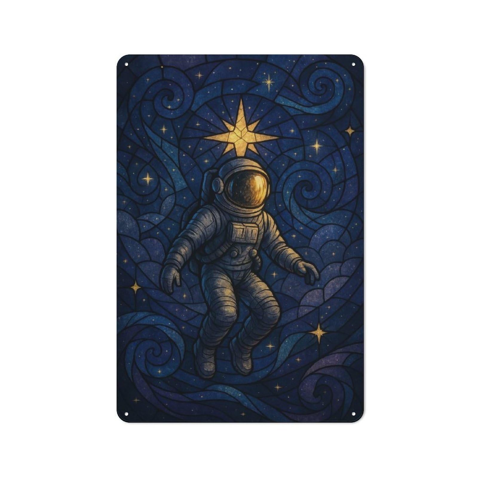 Junmoney Style-15 Metal Plaque With Astronaut In Space Stained Glass Style Design 30X20cm, Retro Kitchen Wall Decor For Bakery, Diner, Cafe Or Family Room