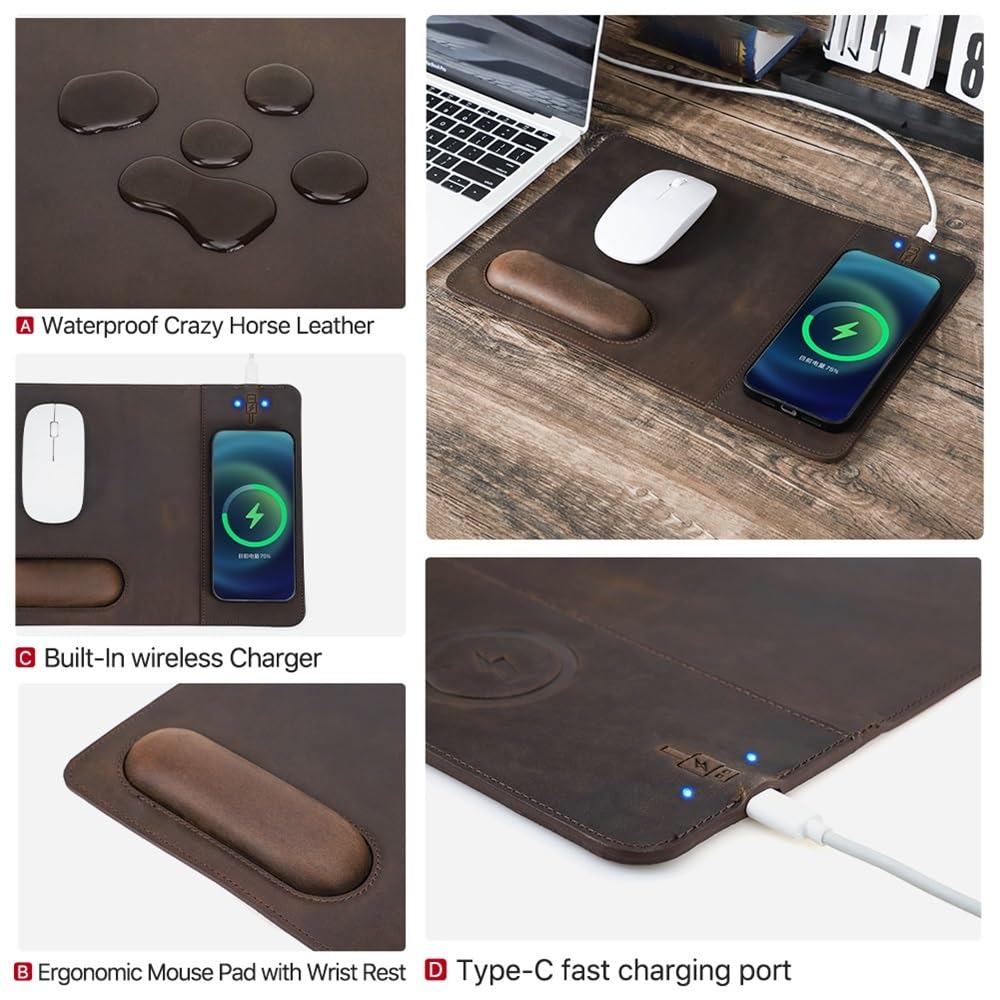 Podkładka pod mysz z bezprzewodowymi ładowarkami do telefonu 15 W, prawdziwa skóra, ładująca podkładka pod mysz do komputera PC, laptopów, akcesoria biurowe