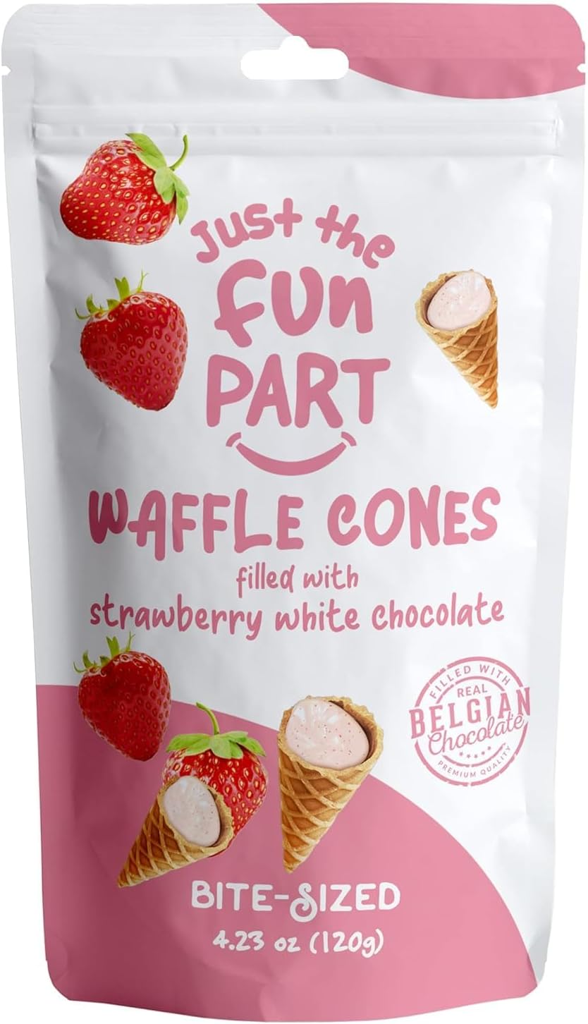 Just The Fun Part, Bite-Size Crispy Mini Waffle Cones, Filled with Premium Belgian Chocolate, Great for Snacks, Dessert, Grab & Go - Kosher, Strawberry White Chocolate (Pack of 1)