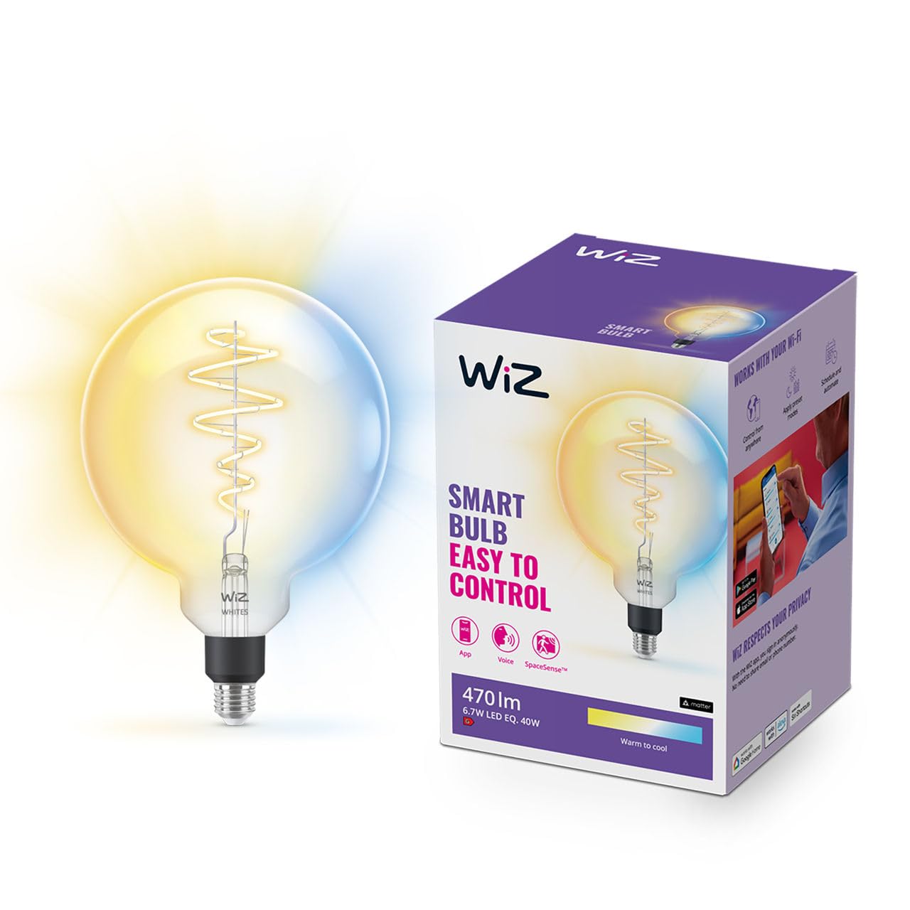 Wiz Clear Smart Bulb, E27 Glass Globe Led Bulb, Smart Dimming Led, Connected Wifi Works With Alexa, Google Assistant & Homekit, App Control For Livingroom, Bedroom, Dining Room, Energy Monitoring