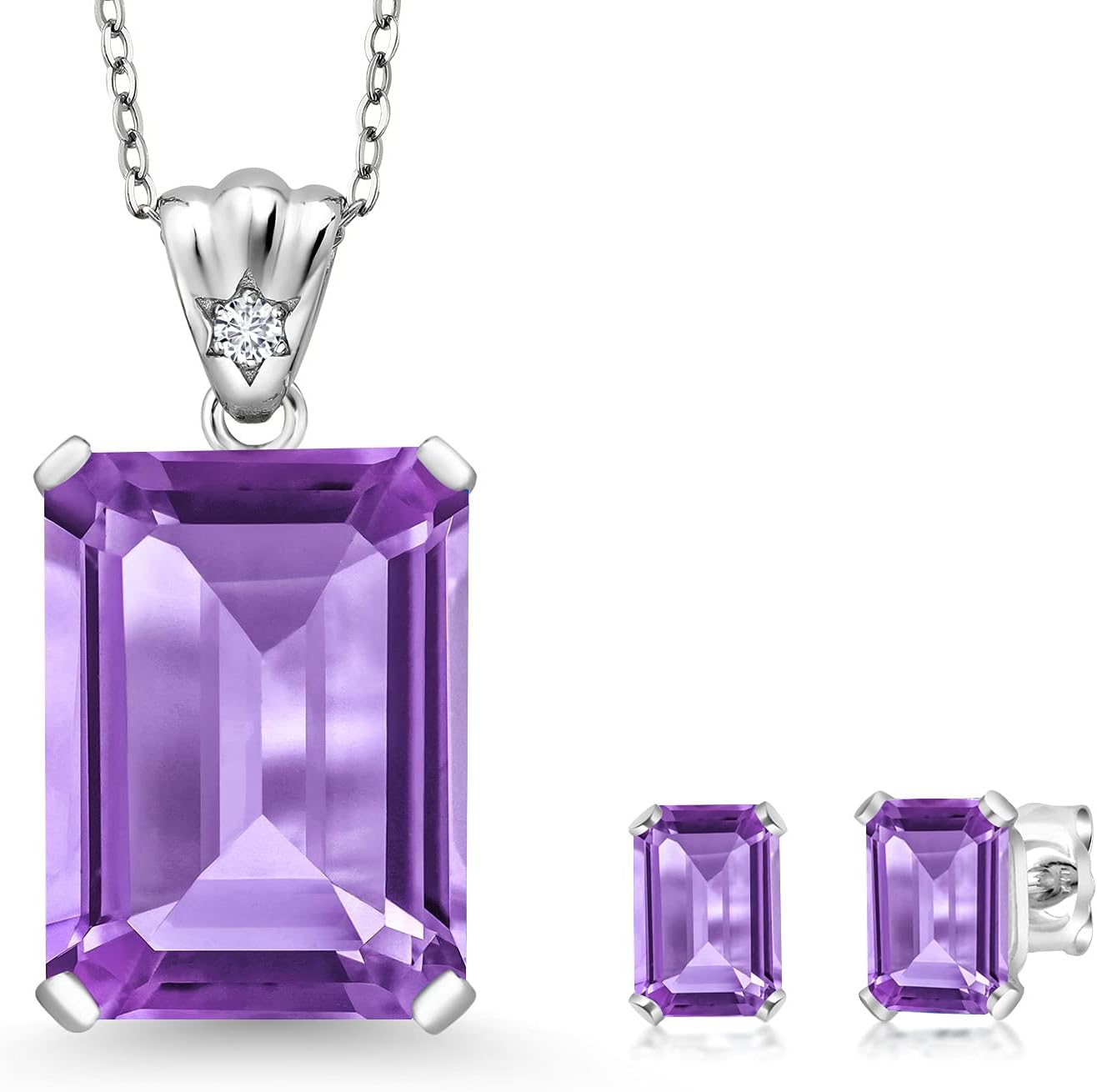 925 Sterling Silver Purple Amethyst and White Lab Grown Diamond Pendant and Earrings Jewelry Set For Women (16.07 Cttw, Gemstone February Birthstone, Emerald Cut 18X13MM and 6X4MM, with 18 Inch Chain)