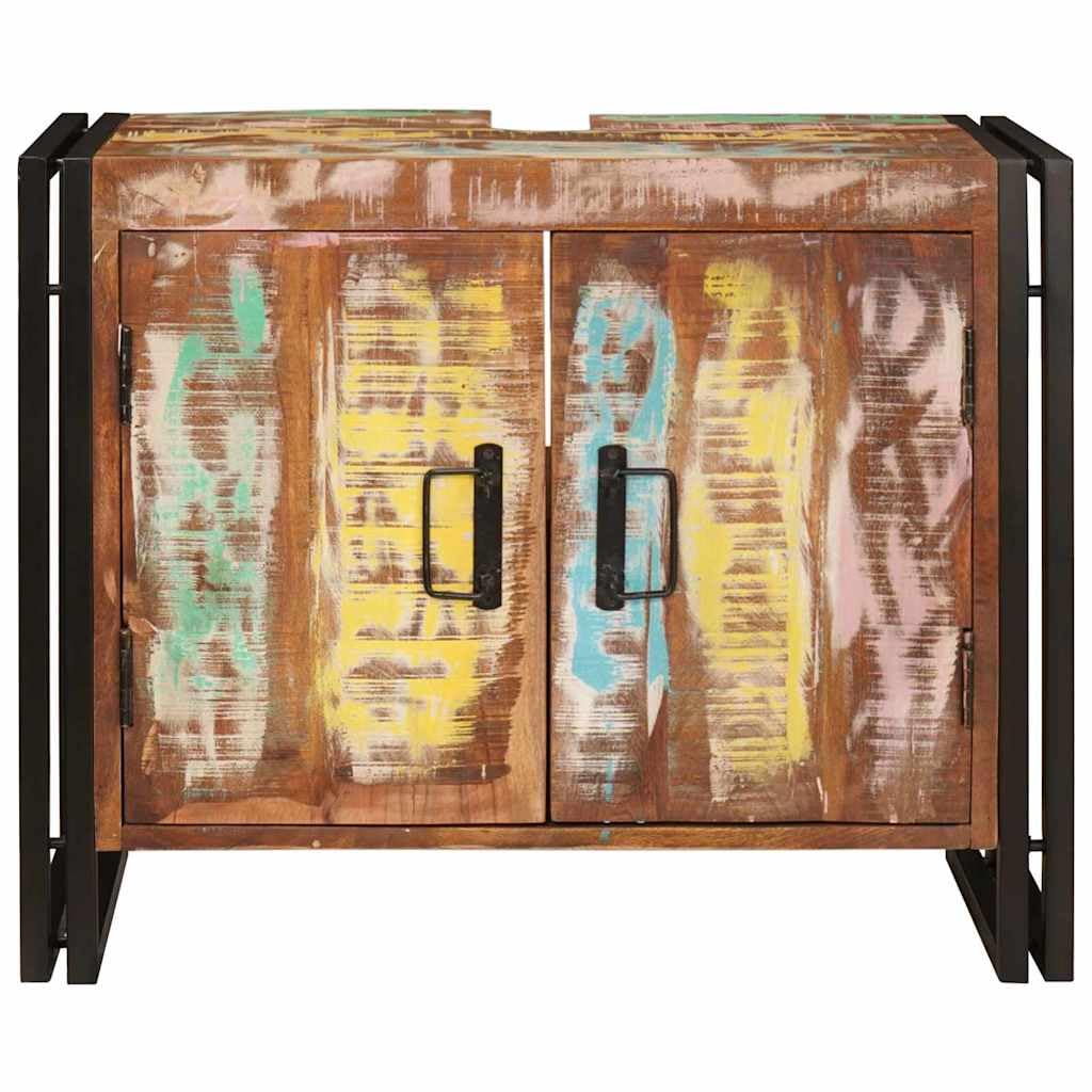 Mobile Sottolavello Bagno Legno Massello Multicolore 71x33x58cm | Mobiletto salvaspazio per il bagno con robusto telaio in ferro e ripiano interno regolabile per accessori.