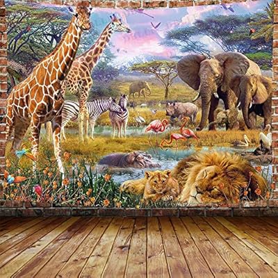 DBLLF African Safari Scenic Landscape Tapestry Giraffe Elephant Leopard Background Tapestry Forest Grassland and Large…
