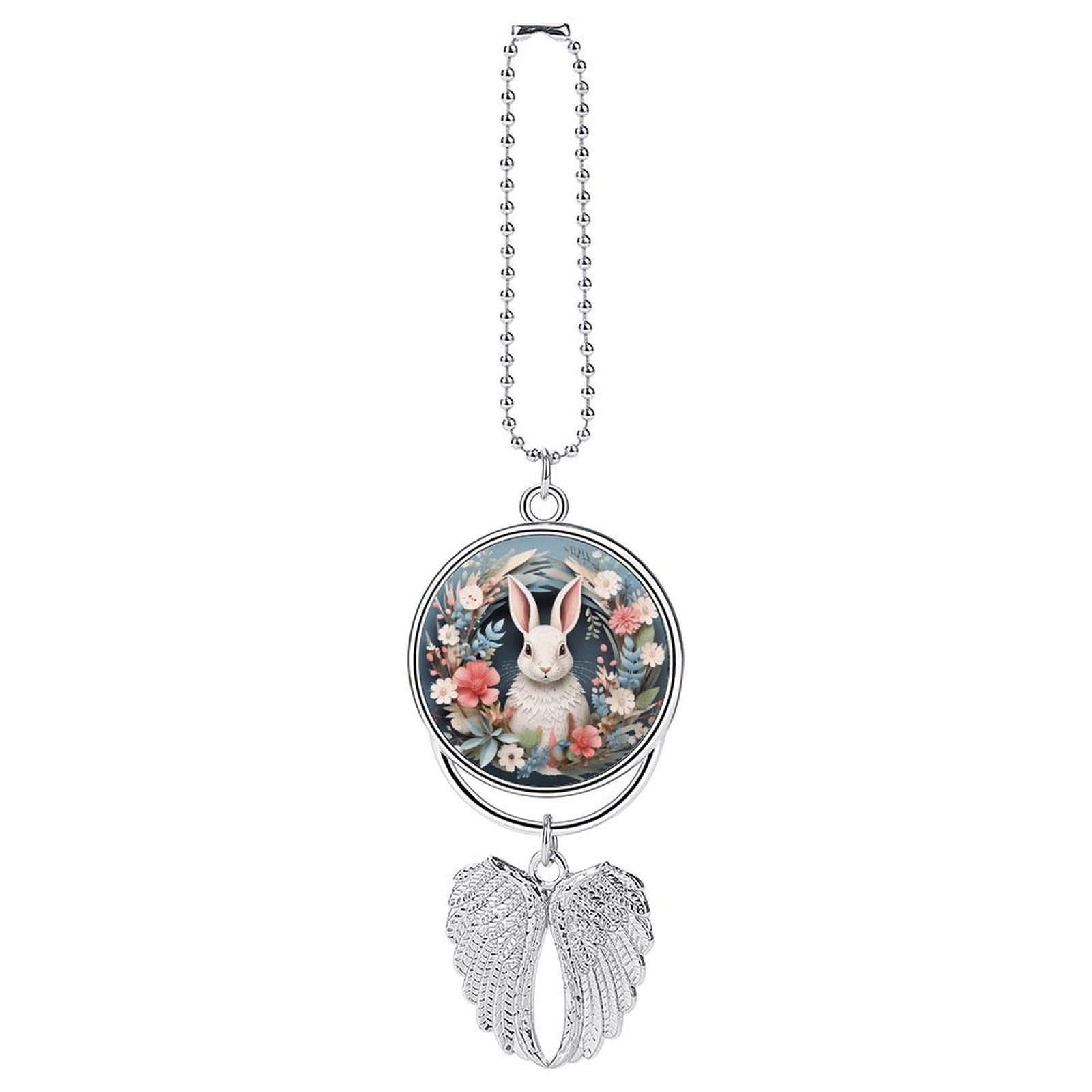 Easter Wreath with Rabbit Car Charm Alloy Car Rear View Mirrors Hanging Ornaments Stylish Car Pendant Funny Auto Hanging Accessories Car Hanging Ornaments Gift for Women Men