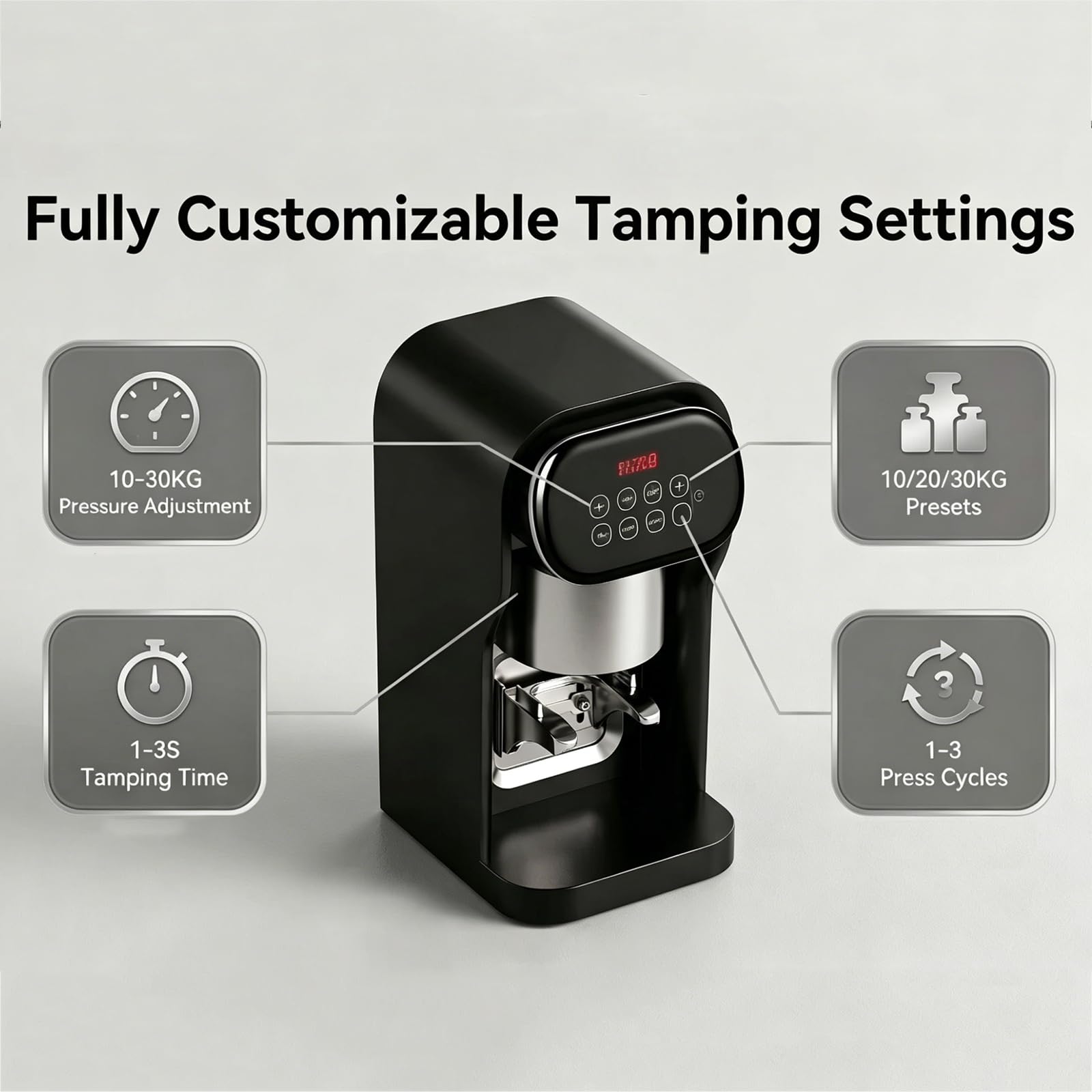 Prensa eléctrica de café – Prensa automática de espresso con presión ajustable de 10 a 30 kg y 1 a 3 ajustes de apisonamiento para cafeterías y uso doméstico
