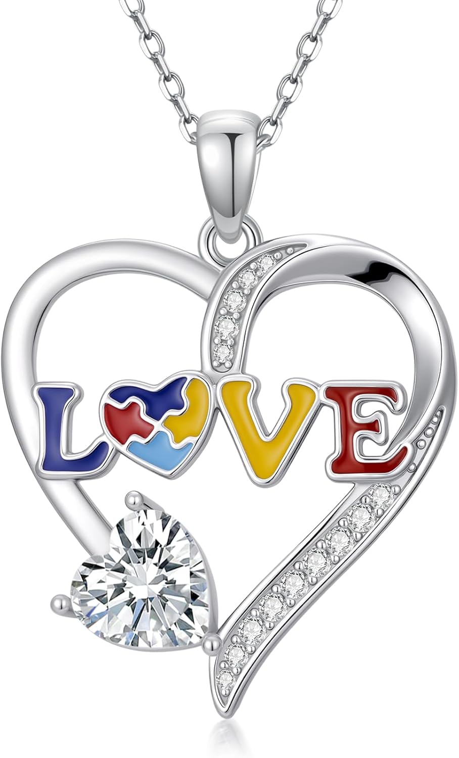 Autism Awareness Necklace Gifts for Women 925 Sterling Silver Puzzle Piece Colorful Pendant Autism Mom Jewelry Inspirational Gift for Autistic