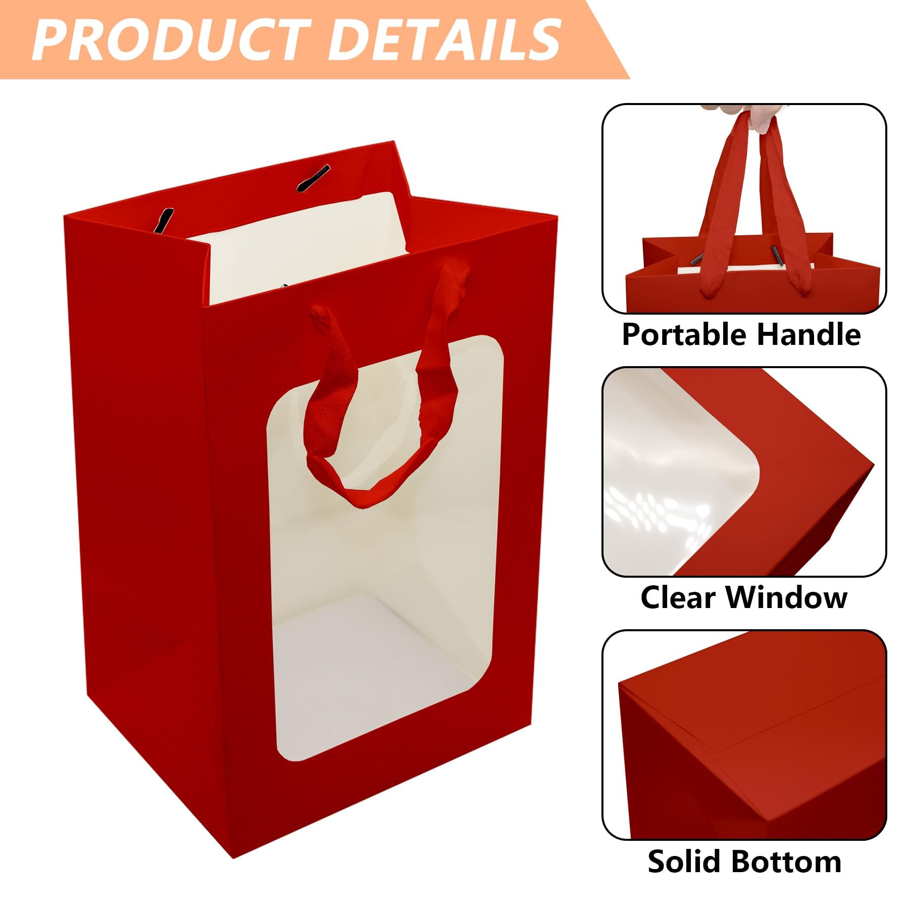 WINCUR 20 bolsas de regalo de papel con ventana transparente, bolsas de compras con asas, bolsa de compras para novia, Navidad, maternidad, cumpleaños, ducha, festivales, suministros de fiesta (rojo