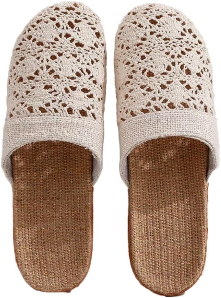 Women’s Closed Toe Linen Slippers Breathable Closed Toe Spa Bedroom Slippers Summer Indoor Home Silent Mule Slides