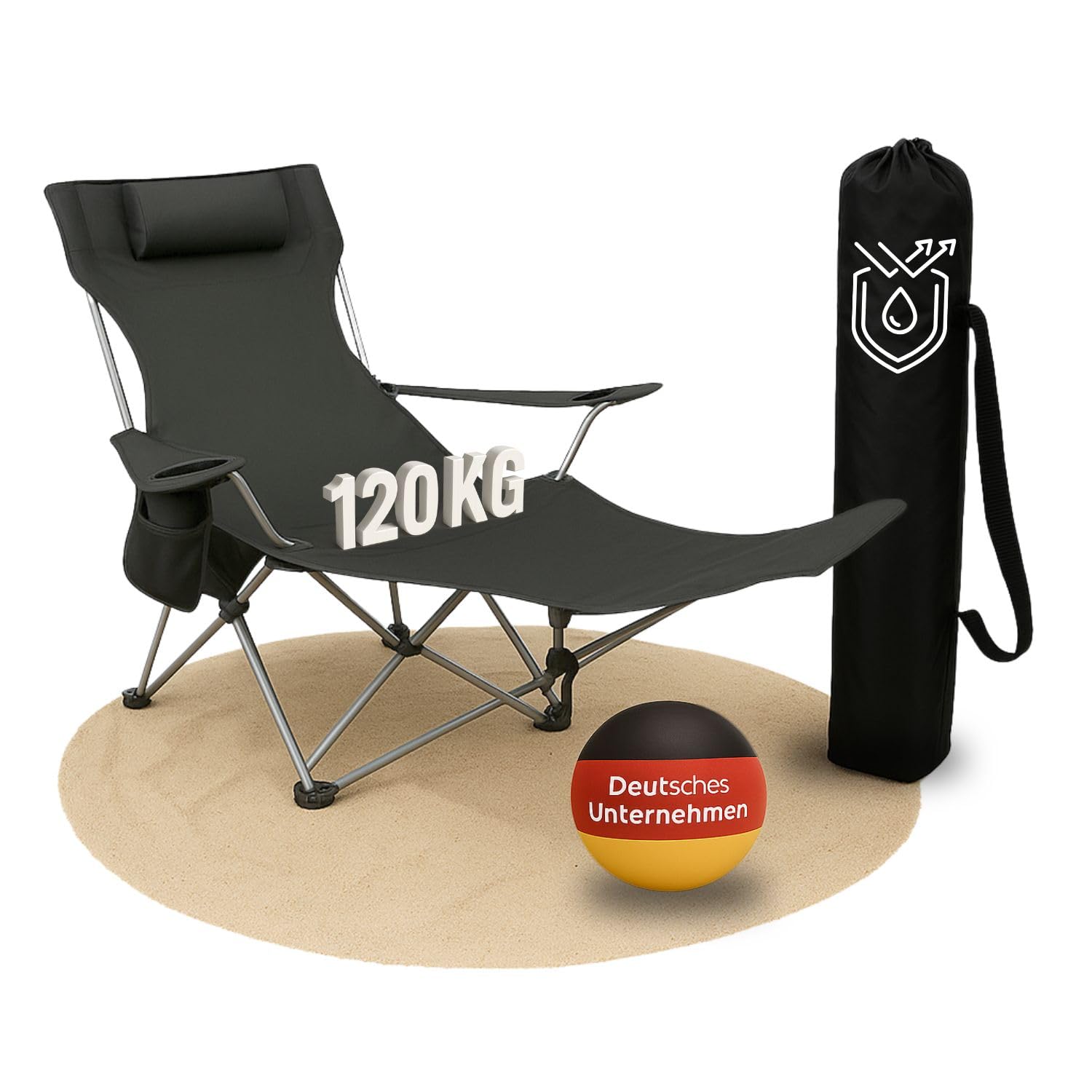 Coemo Campingstuhl, Schwarz, zusammenklappbar, verstellbar, Getränkehalter | Liegestuhl mit Kopfstütze, Tasche, Relaxliege leicht, tragbar, verstellbarer Faltstuhl, zusammenklappbarer Stuhl