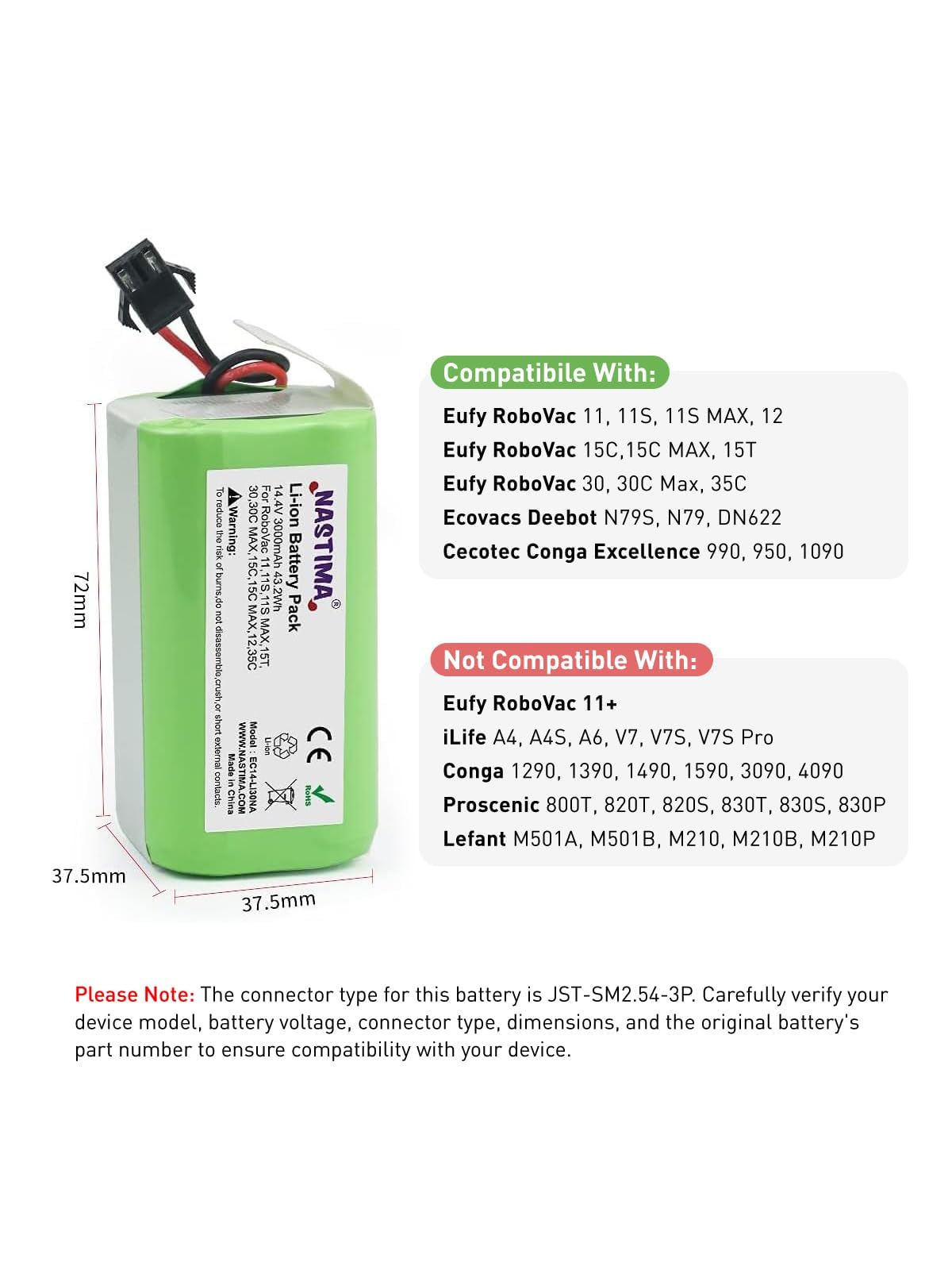 NASTIMA 14,4V 3000mAh Batteria Li-ion Compatibile con IKOHS Netbot S14/S15, Lefant T700/M201, Proscenic 850T, Ecovacs Deebot N79/N79S/DN622, Eufy RoboVac 11S/11/15C/15T/30/35C, Conga 990/1090/1790