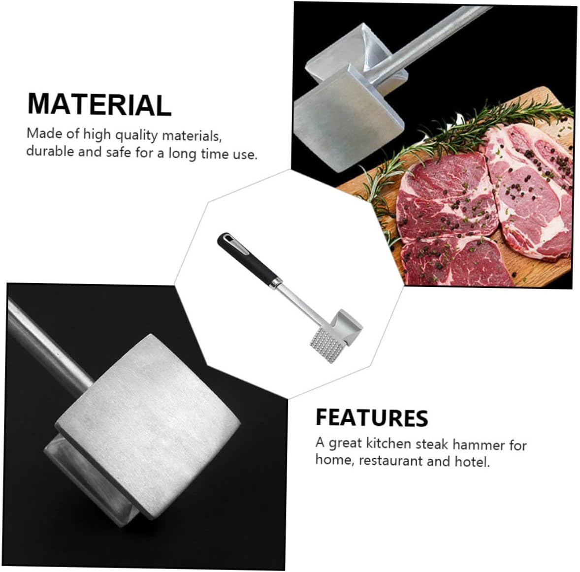 Generic 1Pc Meat Tenderizer Hammer Dual Sided Kitchen Mallet for Beef Chicken and Pork Ergonomic Grip Dishwasher Black Handle Meat Pounder Tool