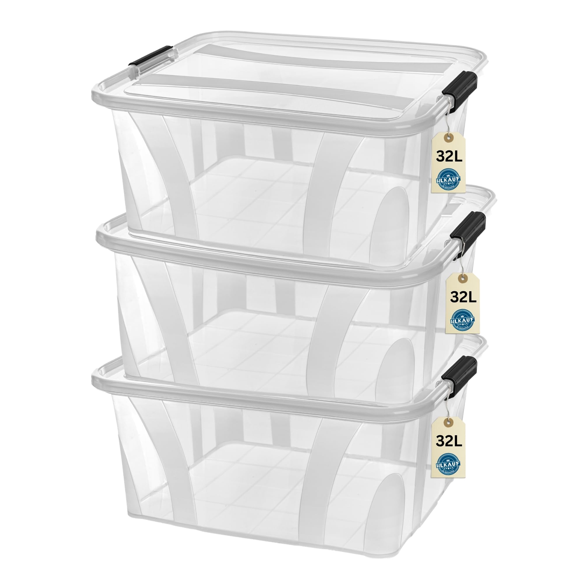 Aufbewahrungsboxen mit Deckel, 7L 14L 21L 32L 55L 80L Plastik Boxen Klickverschluss Stapelboxen 1er/3er Sets Lebensmittelecht Transparent Haushalt & HLKauf-Block (3er-Set 32-Liter & 1x HLKauf-Block)