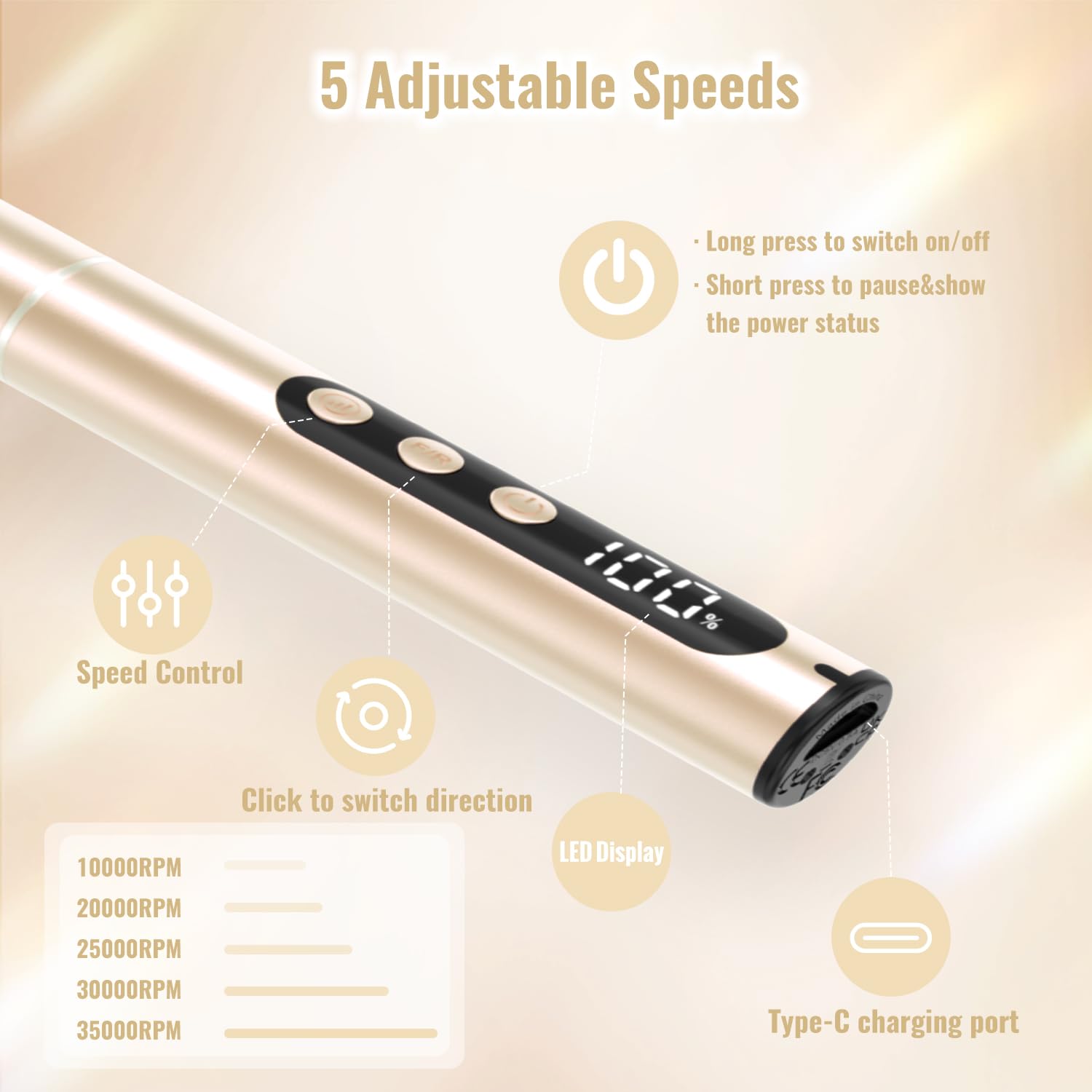 Ponceuse pour Ongles 35000 tr/min, Lime a Ongle Electrique Professionnelle 12 en 1 Ponceuse à Ongles Sans Fil avec écran LCD, Portable Kit de Manucure et Pédicure 5 Vitesse Réglable Doré