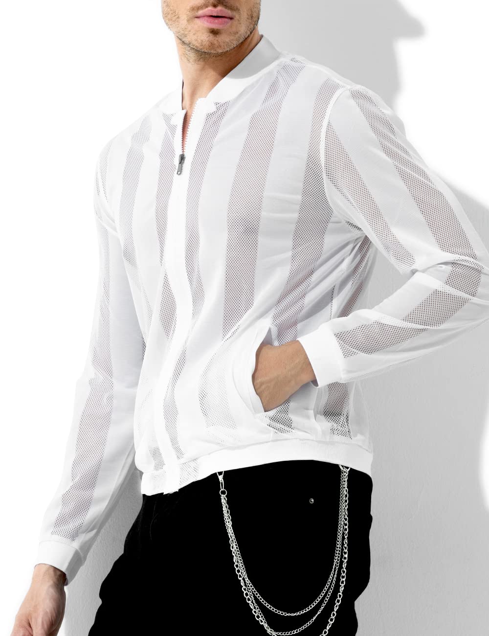 Casey Kevin Haut Sexy Homme - Tee Shirt Manche Longue Transparente - T-Shirt Resille - Fishnet Vetement