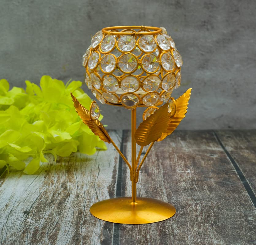 Image of Tabletop Candle Holder with Crystal for Home Decoration, Perfect for Candle Light Dinners & Special Moments (2 Pc, Metal, Golden)