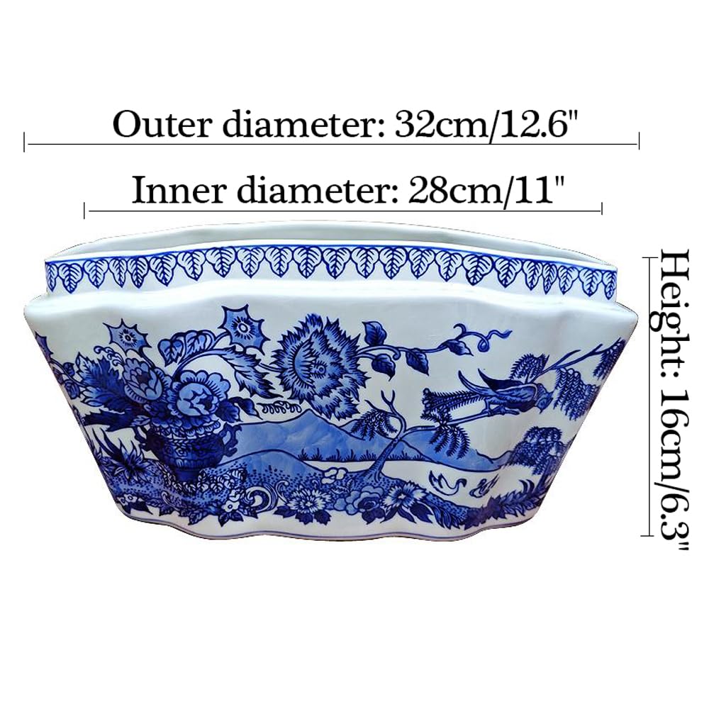 Niebiesko-Biała Ceramiczna Doniczka – Owalny Wazon W Stylu Vintage Z Motywem Kwiatowym Na Rośliny Doniczkowe, Kwiaty I Sukulenty – Szkliwiona, Dekoracyjna Misa W Stylu Ch,non-perforated