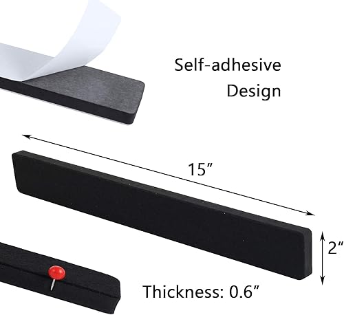 Miniatura 2 de 8 tiras de fieltro para tablón de anuncios, para pared, autoadhesivas, con 24 pasadores, tira de corcho para oficina, hogar, aula (negro)