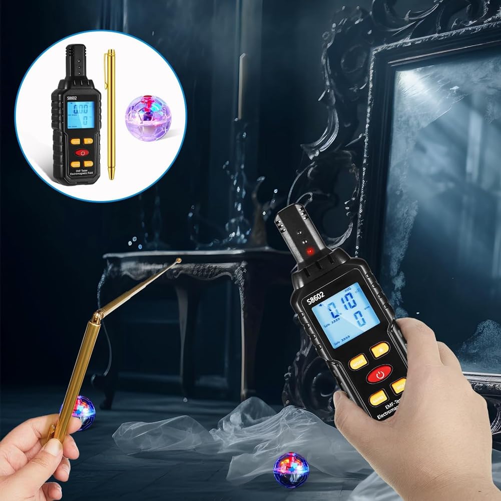VENEKA Kit de Equipo de Caza Fantasma de 5 Piezas 1 Detector de Radiación EMF 2 Bolas de LED 2 Postes de Seguimiento de Cobre