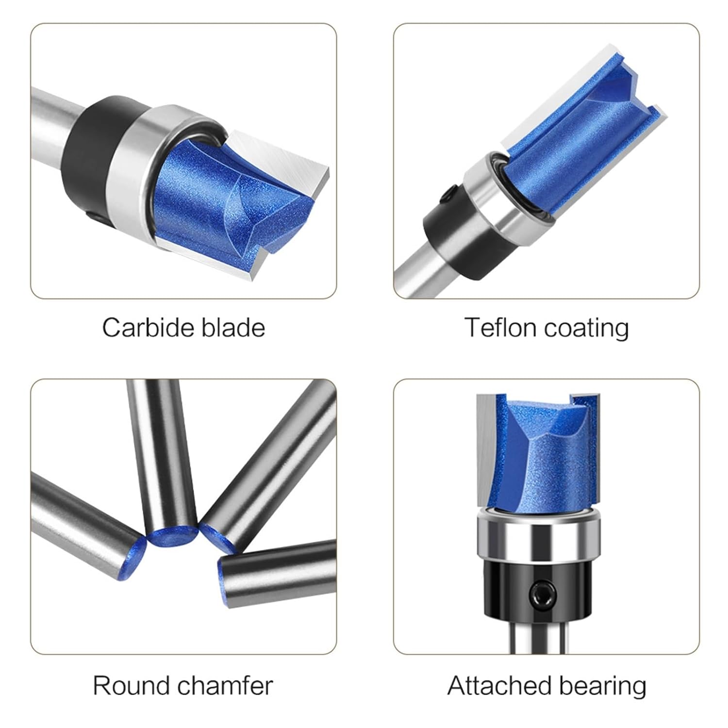 Carbide Flush Trim Router Bit 6mm 1/4" Shank | Template Pattern Bit with Bearing for Woodworking, Tear-Free Edge Cutting on Hardwood/Plastic | 2in Cut Depth, Tungsten Tipped(4pcs 6mm)