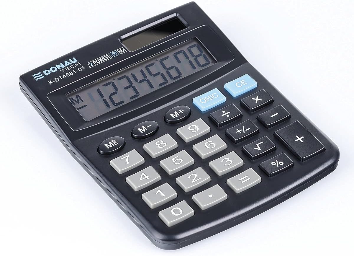 DONAU Tech K-DT4081-01 8-Digit Calculator Root Function 134 x 104 x 17 mm Black with 8-Digit Display Dual Power Solar Battery Operated Compact Design