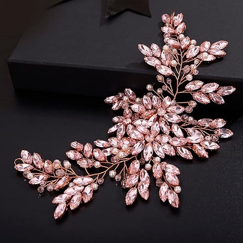 Miniatura 2 de Teyglen Diadema grande de diamantes de imitación rosados, perlas y cristales, diadema para el cabello, hecha a mano, con flores nupciales,