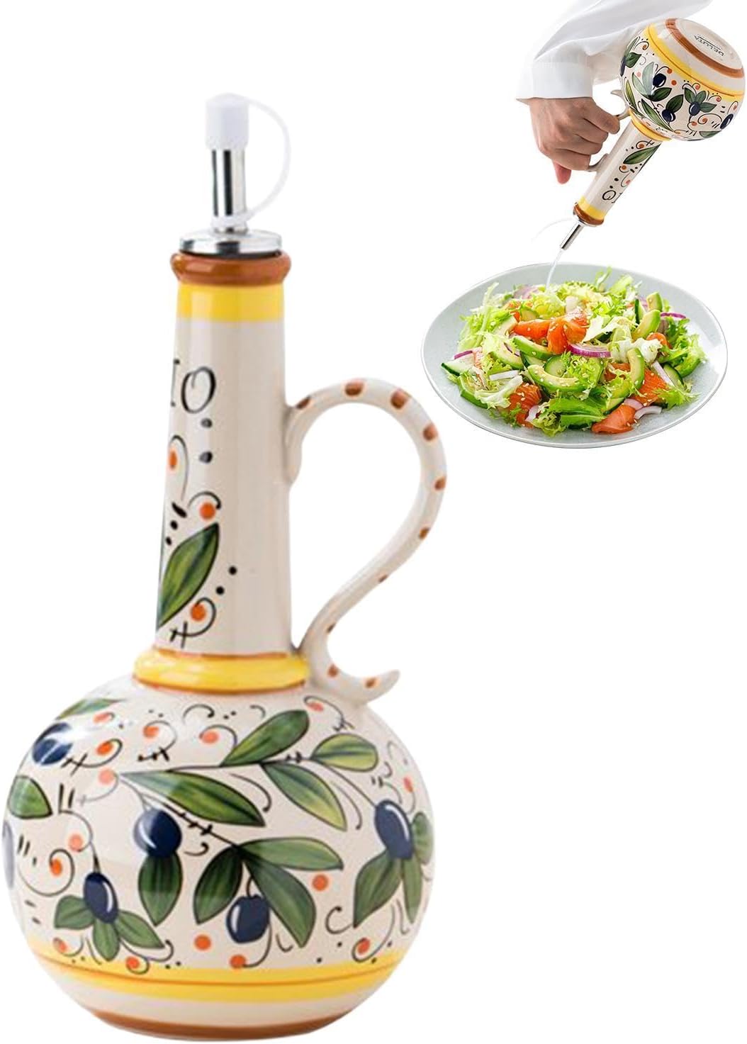 Ceramic Oil Dispenser – Hand Painted Bottle, Kitchen Condiment Container, Decorative Pouring Vessel | Stainless Steel Spout Control, 23 Oz Capacity for Olive Vinegar Sauce Cooking Use