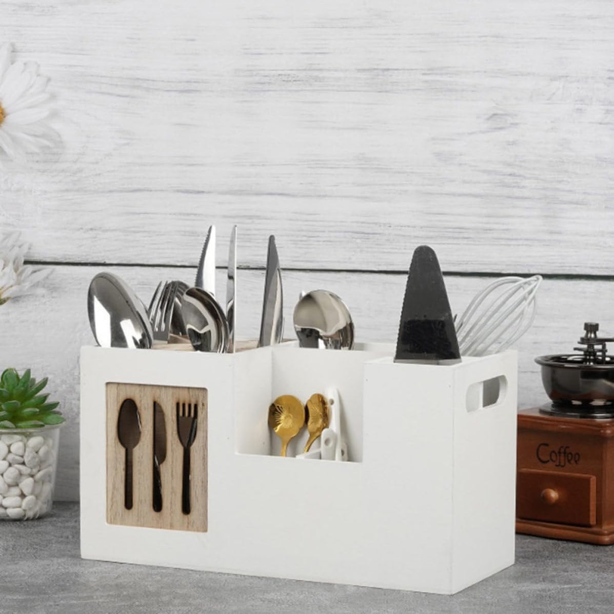 Zerodeko Porte-ustensiles Organisateur Multi-compartiments sans Couvercle Cuisine en Bois Naturel 28x12x15 Cm Accessoire Rangement Pratique pour Cuillères, Fourchettes et Couteaux