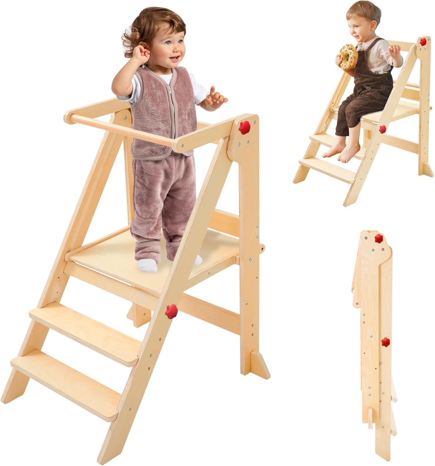 Foldable Toddler Tower with Safety Rails, 3-Level Adjustable Height Standing Kitchen Stool Helper with Safety Feet