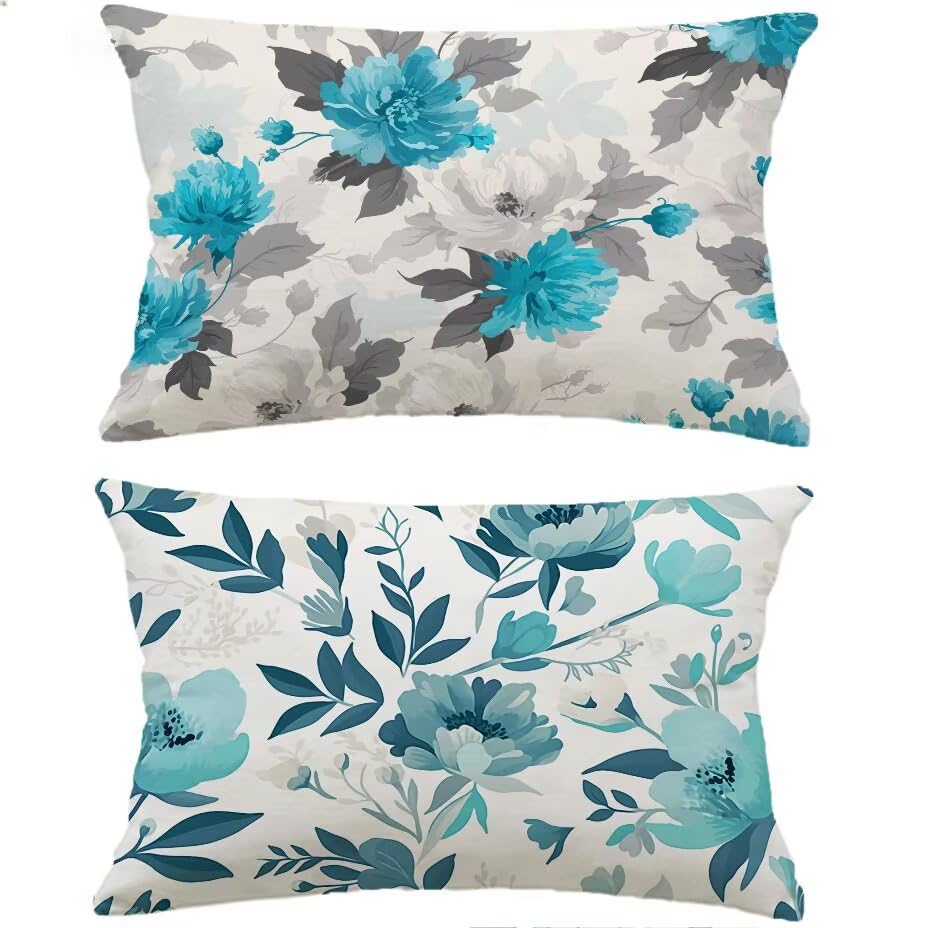 Housse de Coussin Extérieur 50x70 cm Lot de 2 Bleu Imperméable Aspect Lin Jardin
