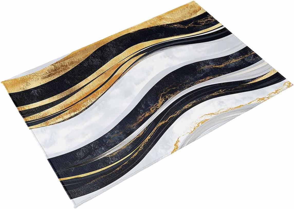 Outdoor Rug 4x6 ft Abstract Black White Gold Stripes Outdoor Large Area Rug Non Slip Rubber Modern Front Door Mat RV Rug Camping Carpet Patio Outdoor Rugs for Backyard Balcony Deck Porch Indoor
