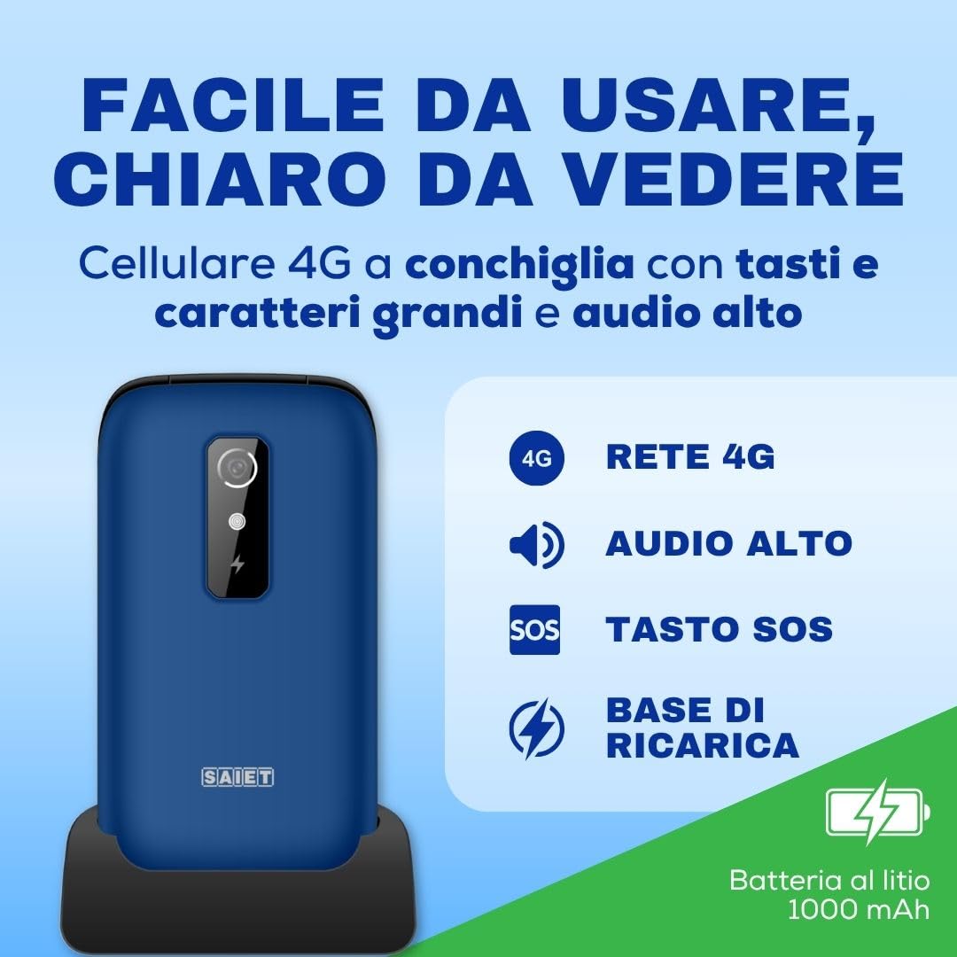 SAIET SHELL 4G Cellulare per Anziani Flip con Tasti Grandi, Audio Alto, SOS | Telefono Flip Senior Facile da Usare con Display 2.8" e Caratteri Grandi, Base di Ricarica, Torcia e Fotocamera - Blu