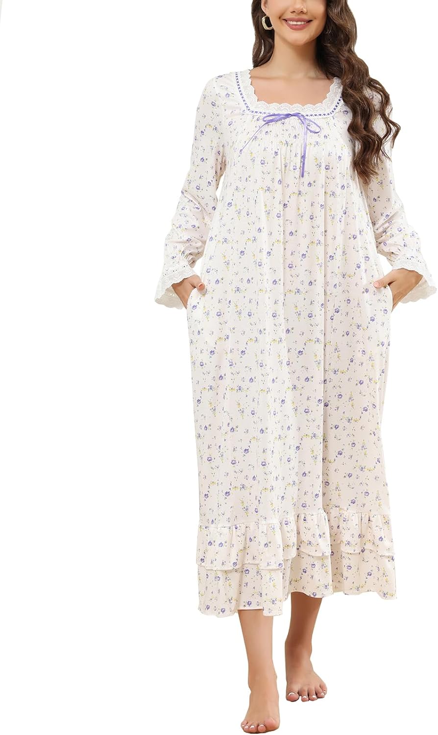 Rubehoow Women's Victorian Nightgown Vintage Long Sleeve Pajama Dress Soft Cotton Lounge Dress Nightwear