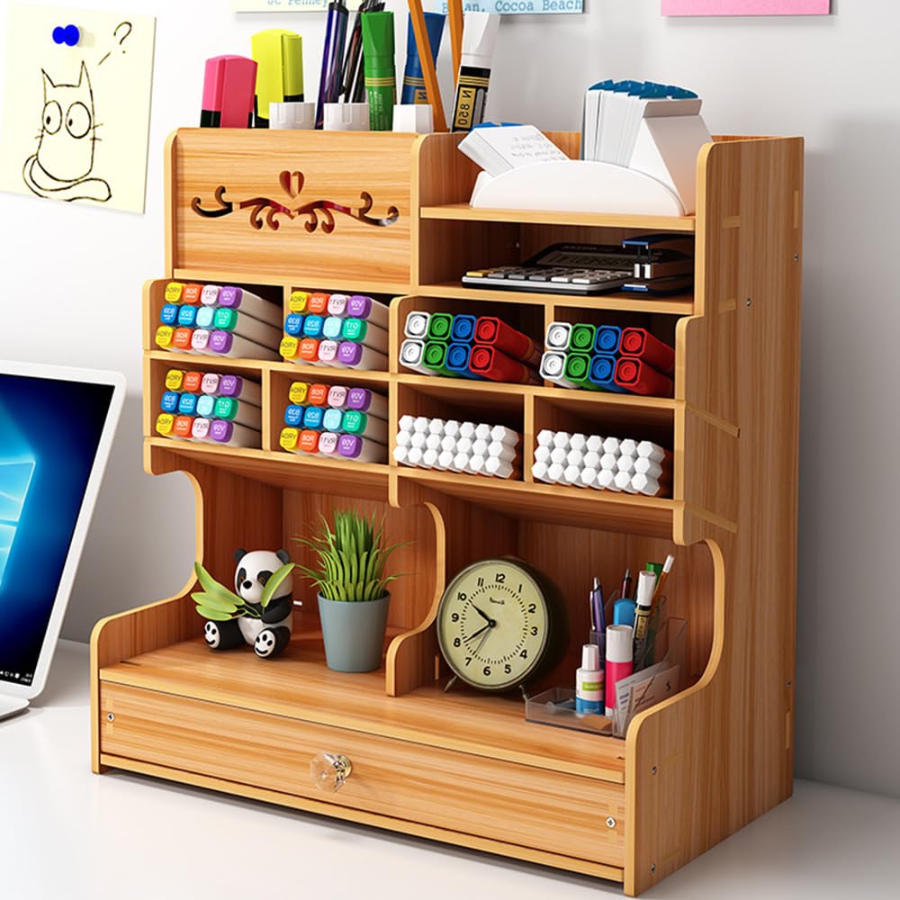 Organizer da scrivania in legno con cassetto, porta cancelleria multifunzione, grande capacità, scatola portaoggetti per forniture per ufficio, casa, scrivania scolastica