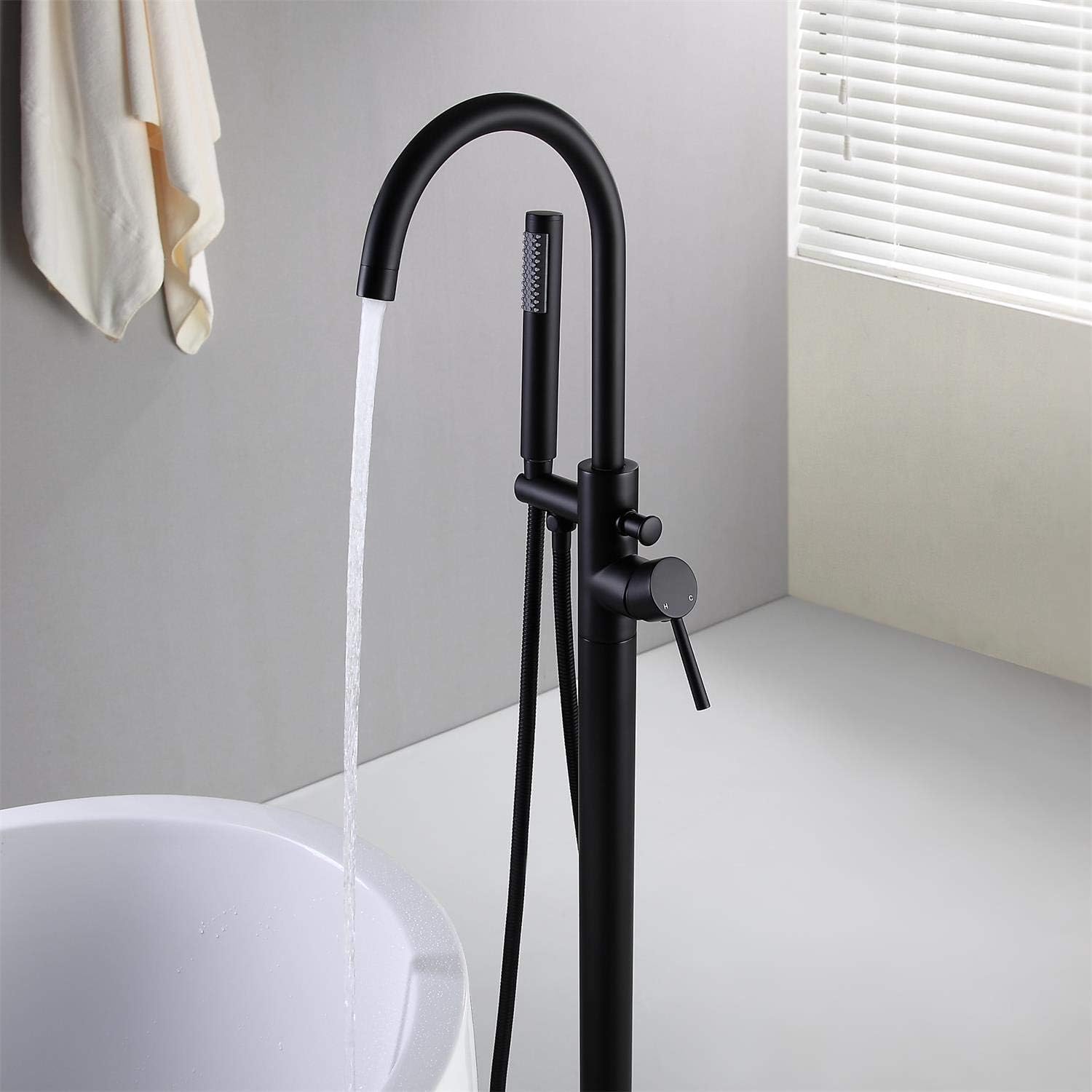 Bеѕt Dеаl Prоduсt JiaYouJia Freestanding Tub Filler Faucet with Handheld Sprayer Matte Black Floor Mounted Bathtub Faucet for Bathroom Single Handle with Diverter Solid Brass