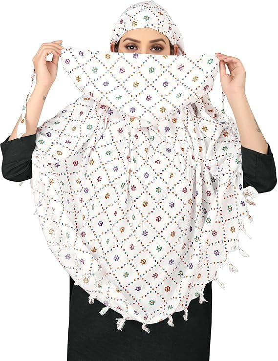 Image of Cotton Long Scarf Cum Mask Scarves Usable for Vehicle Driver | White Printed Design Fabric | Universal Size | Soft & Breathable Sun Protection | For Girl & Women