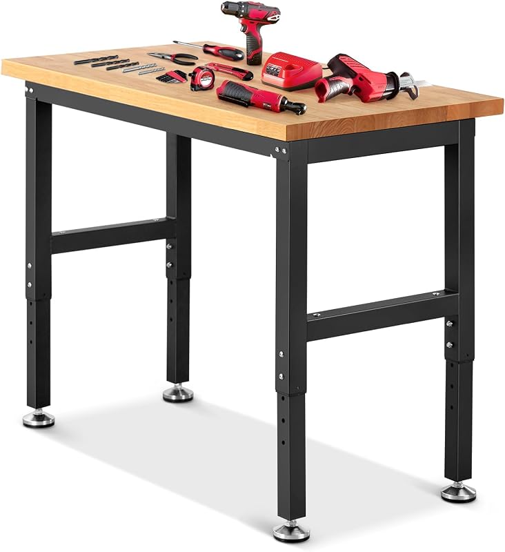 Banco de trabajo de altura ajustable de 41 pulgadas, banco de trabajo resistente de capacidad de 1500 libras con tapa de madera de caucho maciza, mesa de trabajo de garaje para taller, hogar y oficina