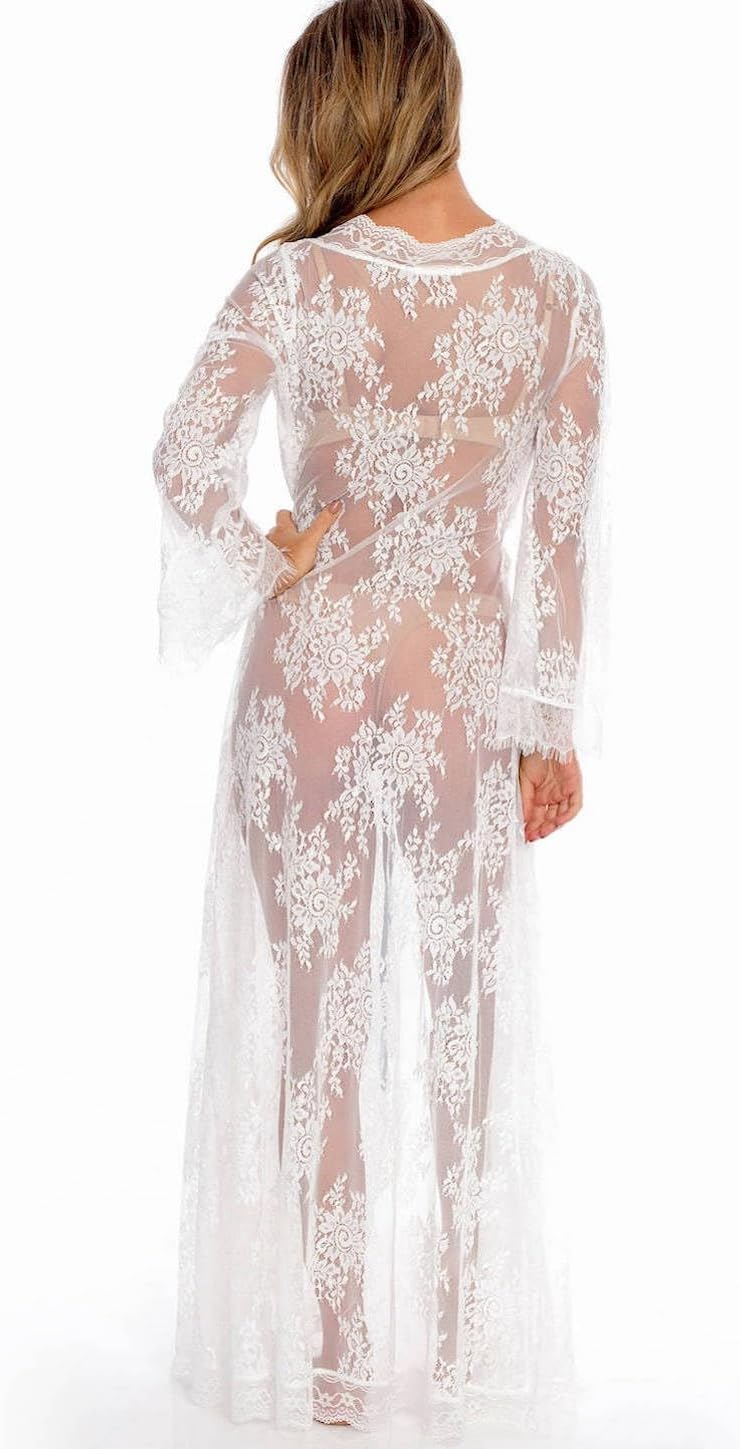 BUTTZO Women Sexy Long Lace Dress Sheer Gown See Through Lingerie Kimono Robe Swimsuit Cover Up