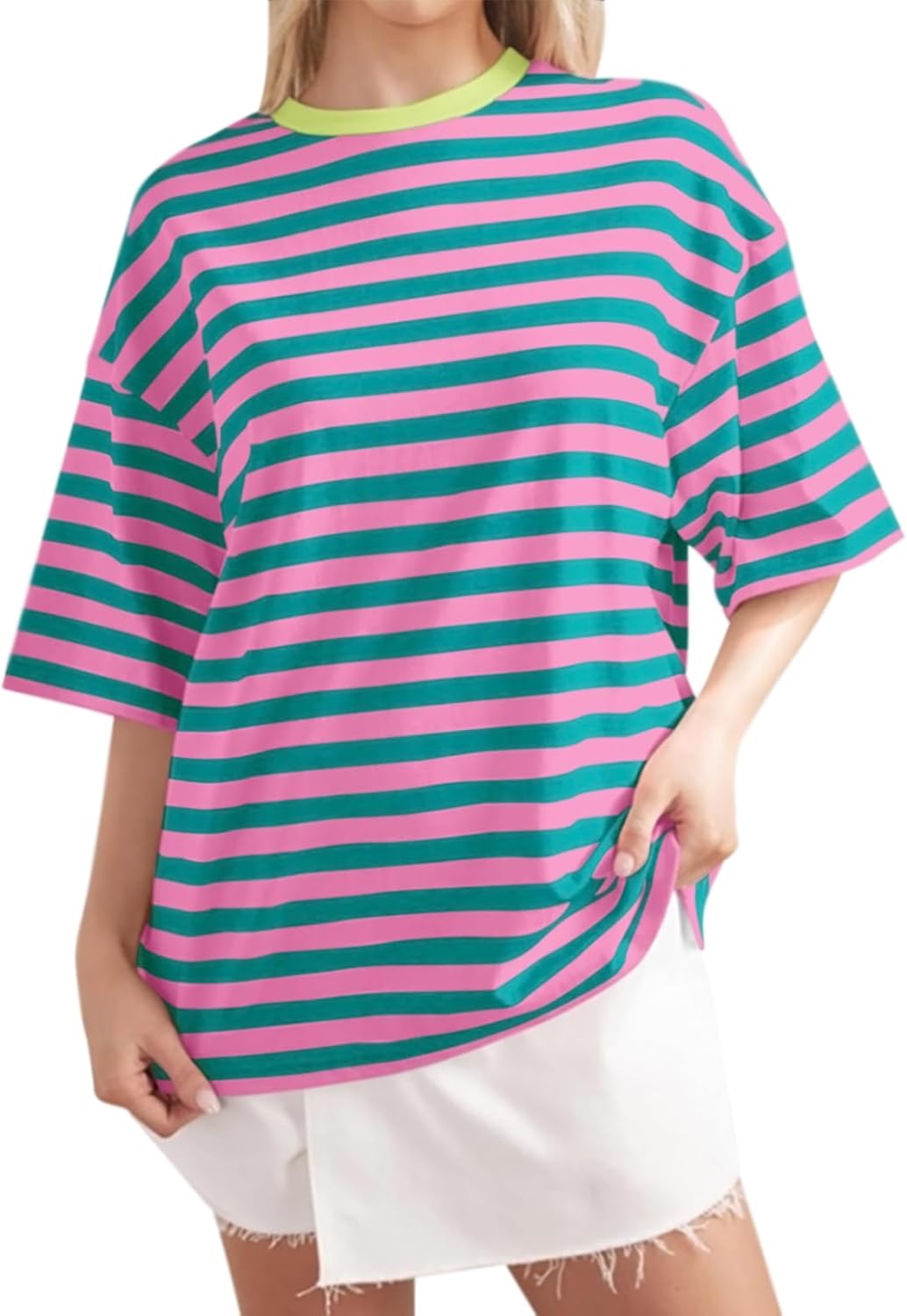 Women Striped T-Shirts Classic Crew Neck Color Block Short SleeveCasual Loose Pullover Summer Shirt Top XX-Large Pink Greenish