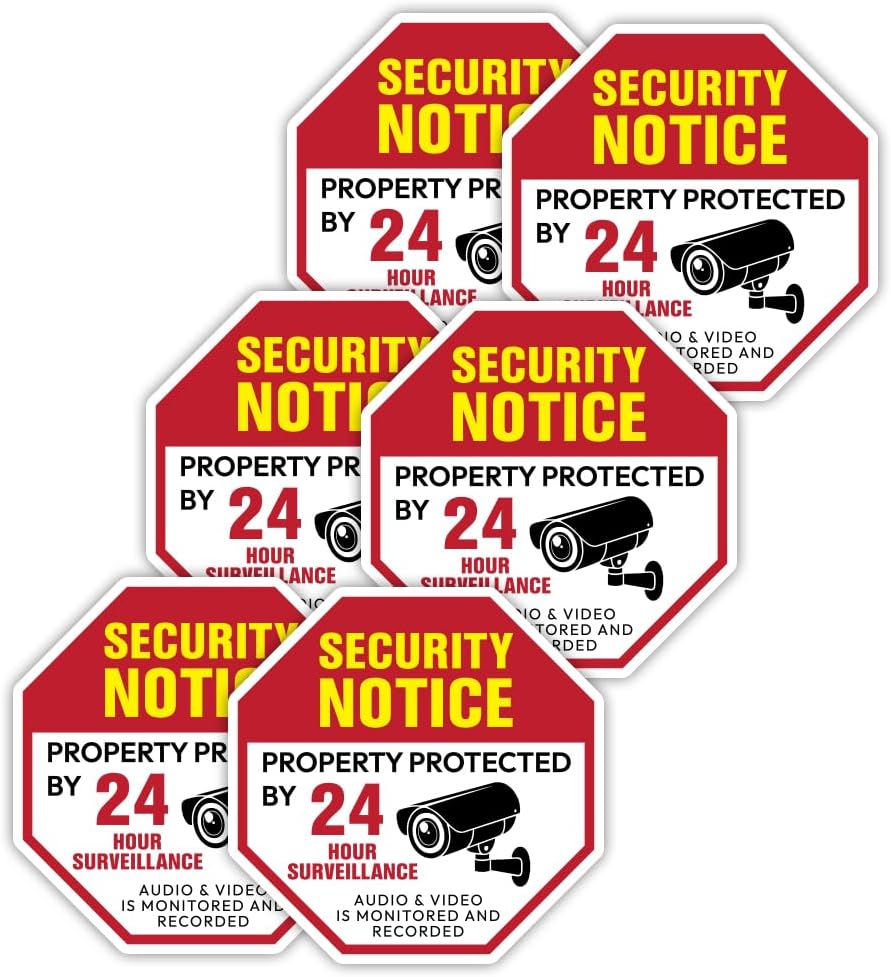 Security Notice 24 Hour Surveillance Stickers – 2.5 x 2.5" – Pack of 6 | Property Protected by Video Monitoring Decal | Waterproof, Fade-Resistant Security Camera Warning Labels for Home & Business