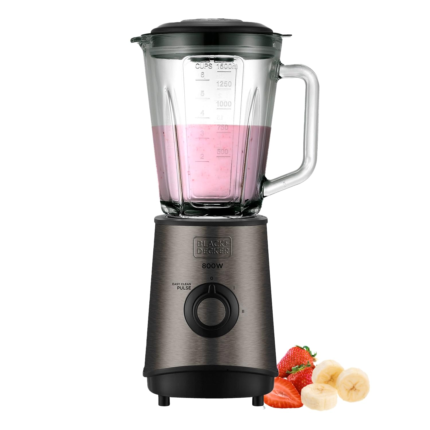 BLACK+DECKER - Mixeur en Verre 800W | Pichet 1,5L Gradué | 4 Lames Inox Haute Résistance | Multi-Vitesses + Fonction Pulse | Broyeur à Glace | Gobelet Doseur | Lavable au Lave-Vaisselle