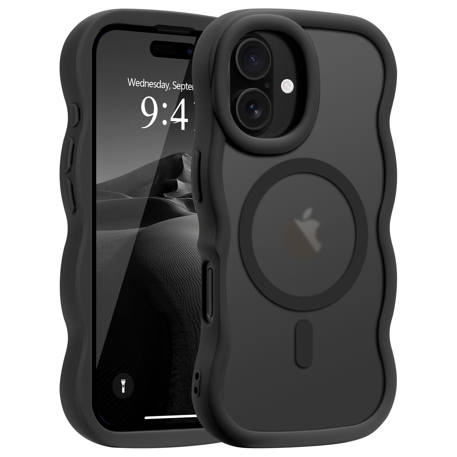 Pepmune for iPhone 16 Plus Case, Curly Wavy Frame Hard Translucent Matte Clear Cover for Women Men Compatible with Magsafe TPU Bumper Shockproof Drop