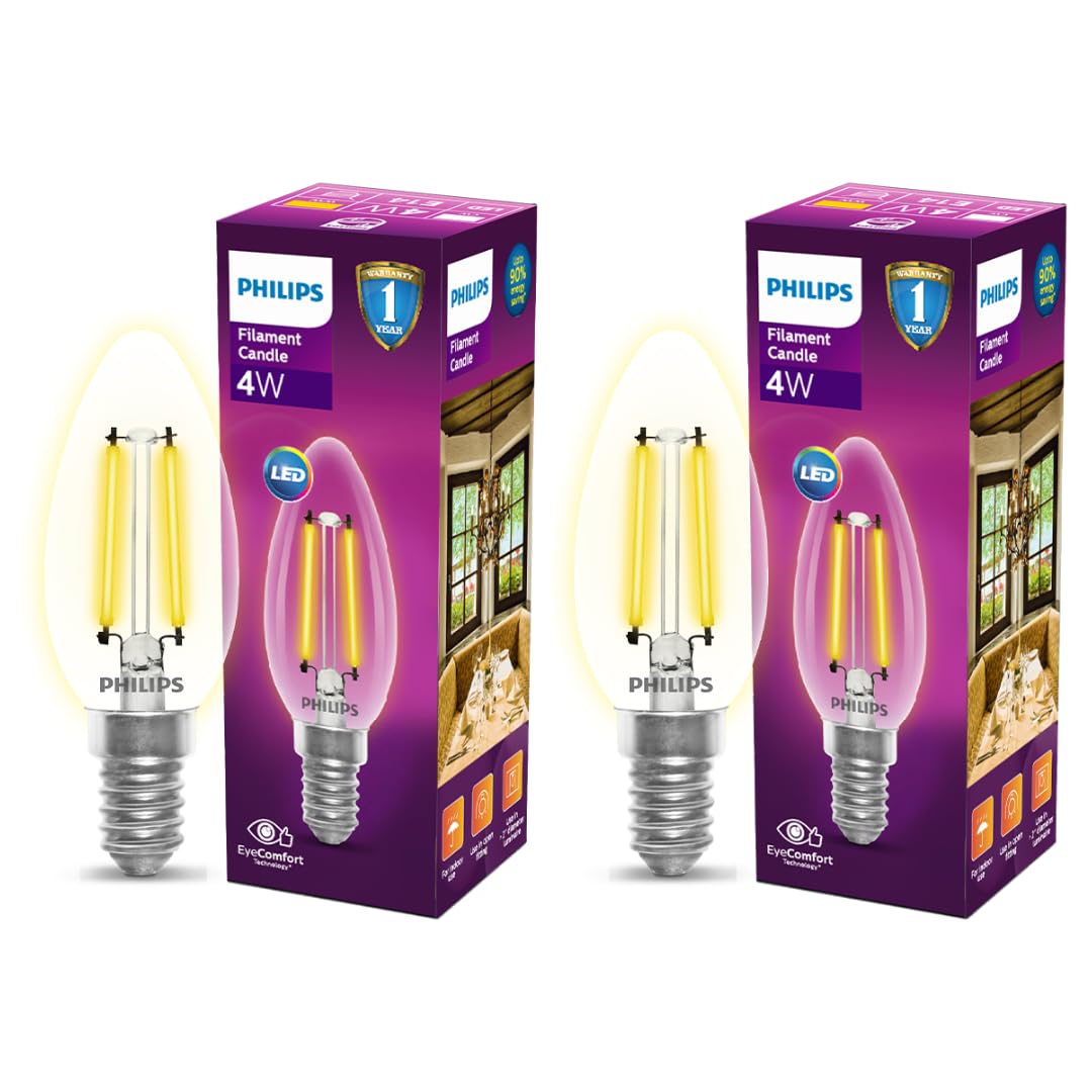 PHILIPS 4-watt Filament Candle LED Bulb | Filament Candle Bulb Home & Decoration|Bulb Base: E14, Color: Warm White|Pack of 2
