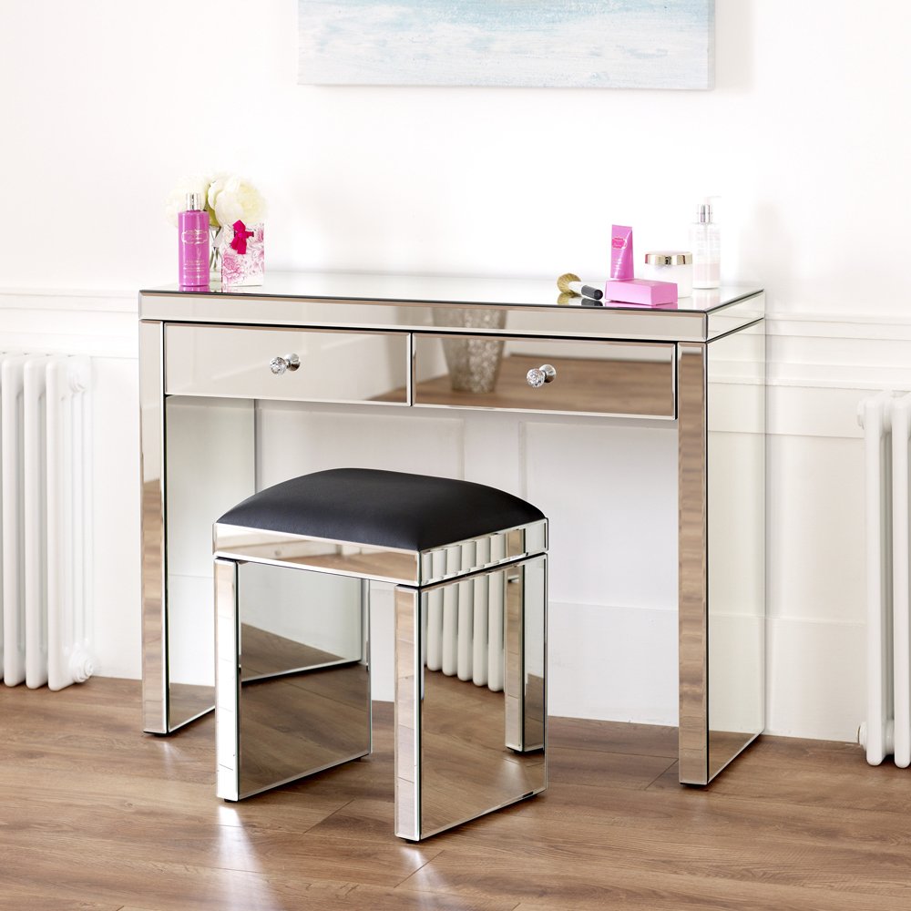 The Furniture Market Venetian Mirrored Dressing Table and Black Stool ...